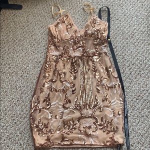 Rose gold strapped sheer panel body con dress